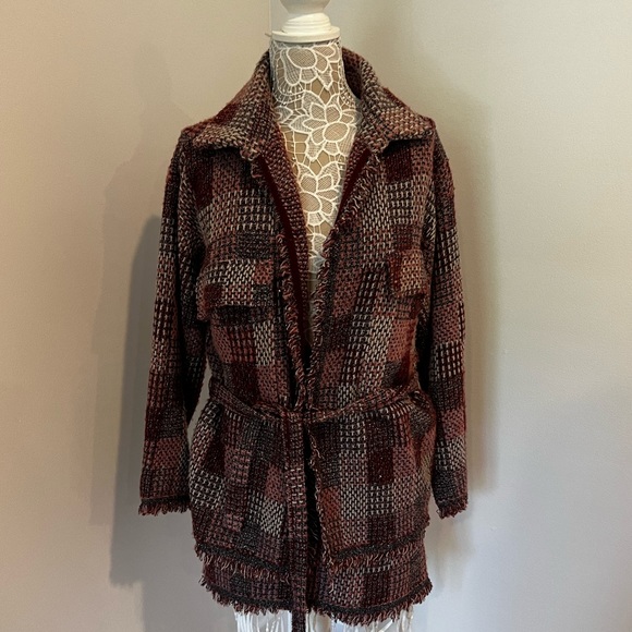 Zara Purple Pink Plaid Oversized Knit Fringe Overshirt Jacket and Skirt Set - Picture 3 of 11
